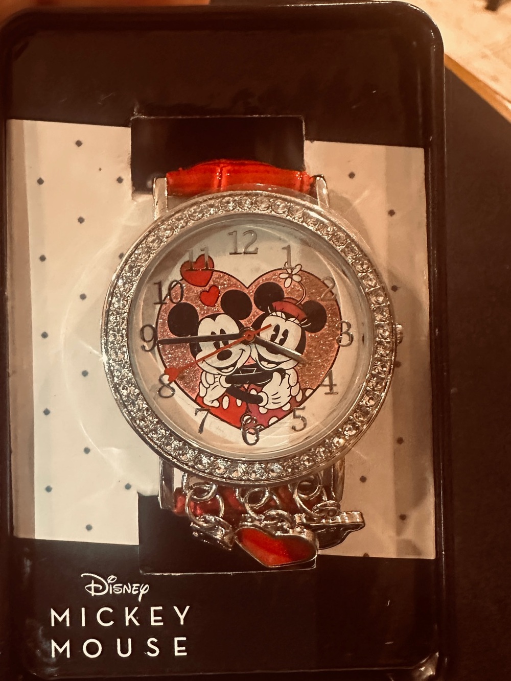 Disney Mickey & Minnie Crystal Accent Watch with Red Strap and Heart Charms